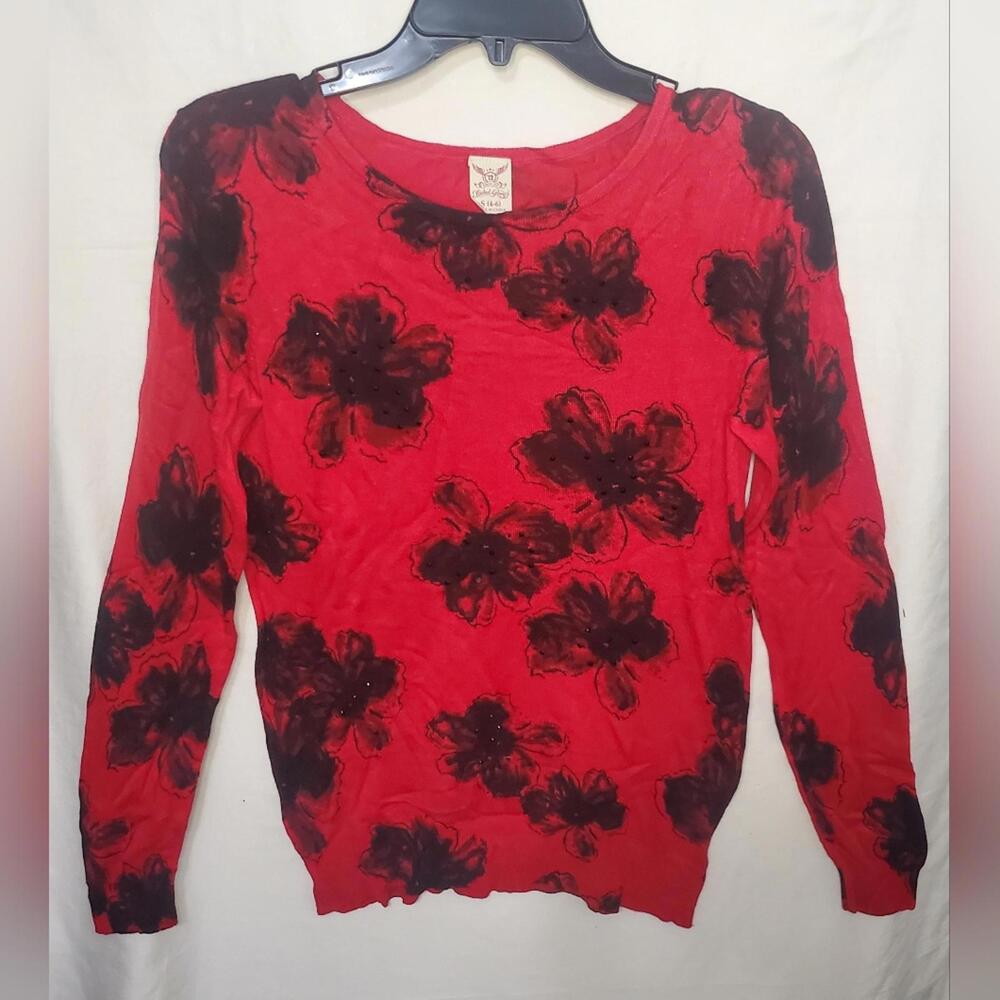 Faded Glory Red and Black Flower Rhinestone Women’s Shirt Size S(4-6)